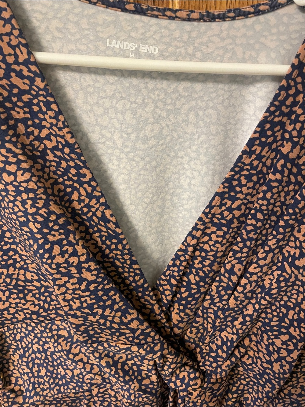 Lands' End Navy Wrap Blouse with Tan Spot Print